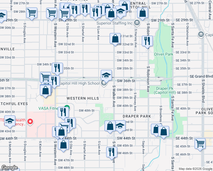 map of restaurants, bars, coffee shops, grocery stores, and more near 500 Southwest 36th Street in Oklahoma City