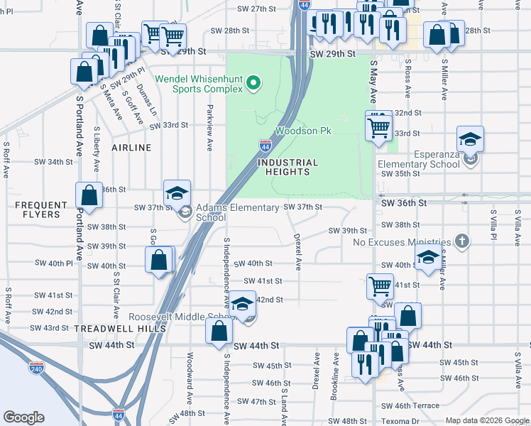 map of restaurants, bars, coffee shops, grocery stores, and more near 3122 Southwest 37th Street in Oklahoma City