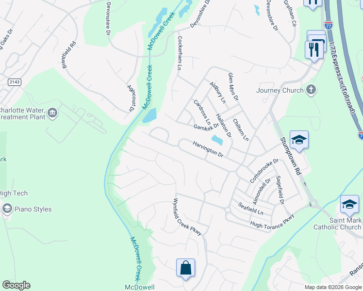 map of restaurants, bars, coffee shops, grocery stores, and more near 9434 Standerwick Lane in Huntersville