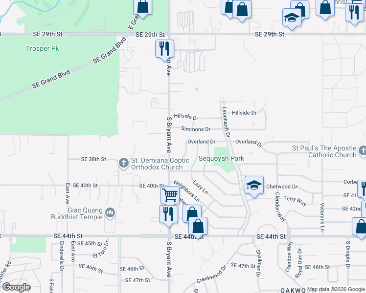 map of restaurants, bars, coffee shops, grocery stores, and more near 3029 Overland Drive in Del City