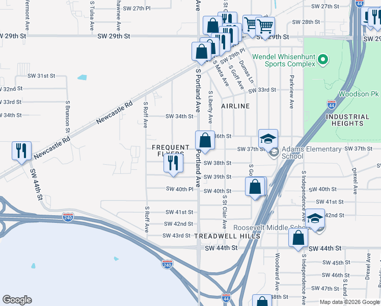 map of restaurants, bars, coffee shops, grocery stores, and more near 3708 Southwest 37th Street in Oklahoma City