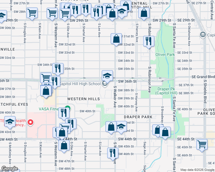 map of restaurants, bars, coffee shops, grocery stores, and more near 500 Southwest 36th Street in Oklahoma City