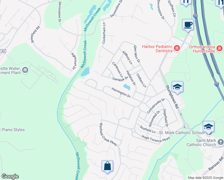 map of restaurants, bars, coffee shops, grocery stores, and more near 14036 Harvington Drive in Huntersville