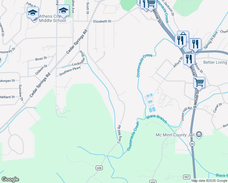 map of restaurants, bars, coffee shops, grocery stores, and more near 826 Long Mill Road in Athens