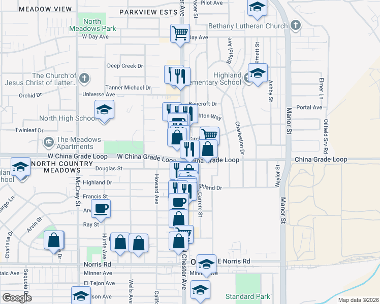 map of restaurants, bars, coffee shops, grocery stores, and more near in Oildale