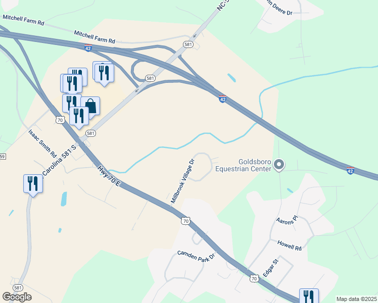 map of restaurants, bars, coffee shops, grocery stores, and more near 209 Millbrook Village Drive in Goldsboro