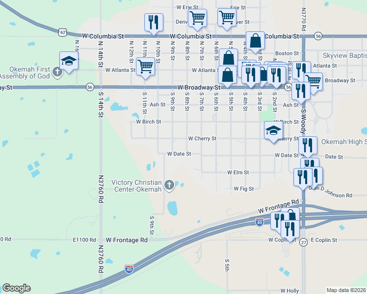 map of restaurants, bars, coffee shops, grocery stores, and more near 818 West Date Street in Okemah