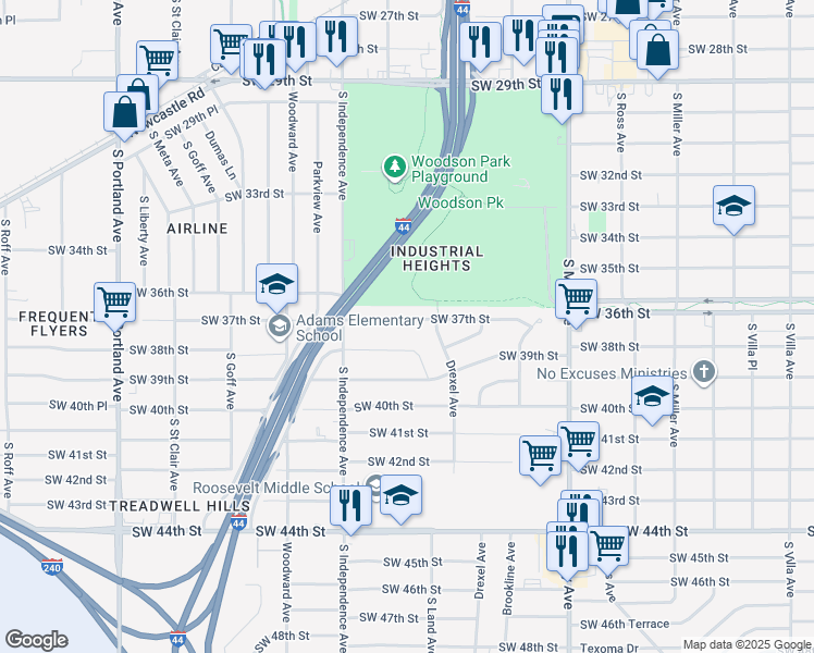 map of restaurants, bars, coffee shops, grocery stores, and more near 3122 Southwest 37th Street in Oklahoma City