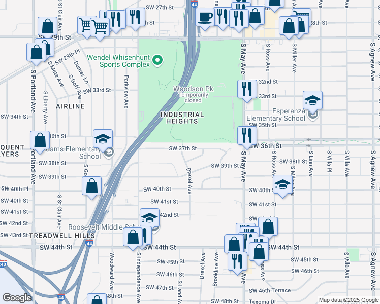 map of restaurants, bars, coffee shops, grocery stores, and more near 3072 Southwest 37th Street in Oklahoma City