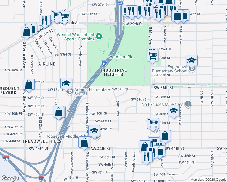 map of restaurants, bars, coffee shops, grocery stores, and more near 3816 Drexel Avenue in Oklahoma City