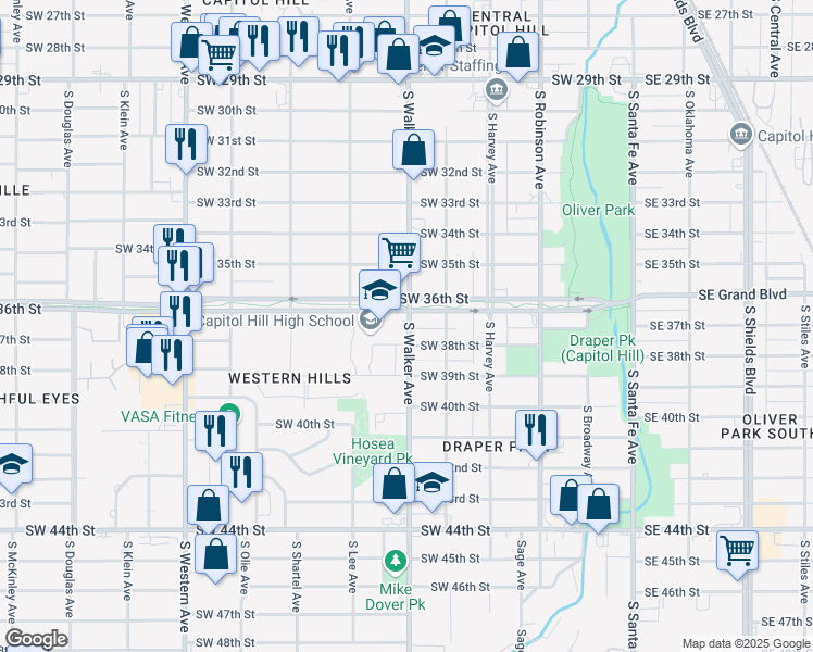 map of restaurants, bars, coffee shops, grocery stores, and more near 500 Southwest Grand Boulevard in Oklahoma City