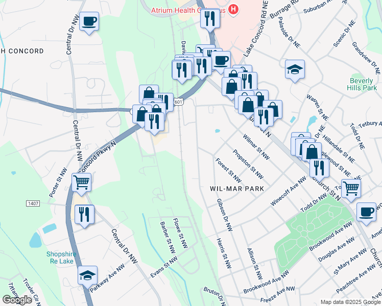 map of restaurants, bars, coffee shops, grocery stores, and more near 773 Harris Street Northwest in Concord