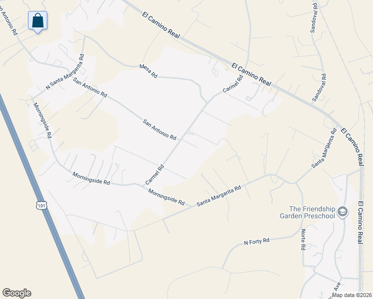 map of restaurants, bars, coffee shops, grocery stores, and more near 9290 Carmel Road in Atascadero