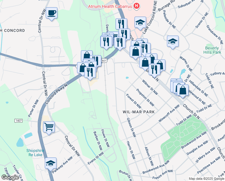 map of restaurants, bars, coffee shops, grocery stores, and more near 773 Harris Street Northwest in Concord
