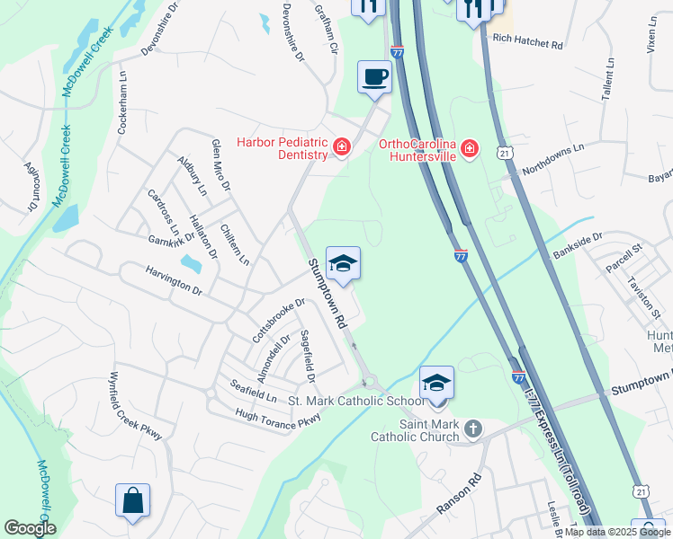 map of restaurants, bars, coffee shops, grocery stores, and more near 15410 Stumptown Road in Huntersville
