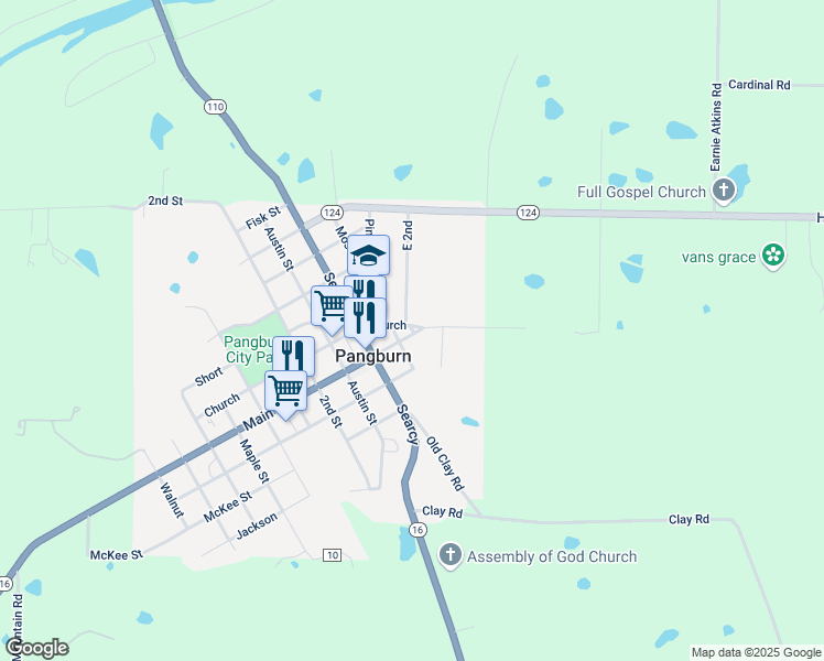 map of restaurants, bars, coffee shops, grocery stores, and more near East 2nd Street in Pangburn