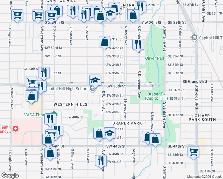 map of restaurants, bars, coffee shops, grocery stores, and more near 327 Southwest 38th Street in Oklahoma City