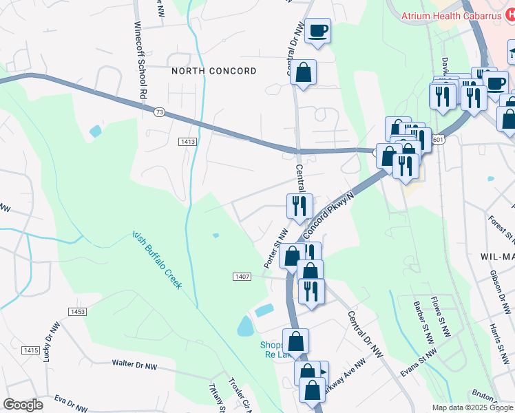 map of restaurants, bars, coffee shops, grocery stores, and more near 284 Collingswood Drive Northwest in Concord