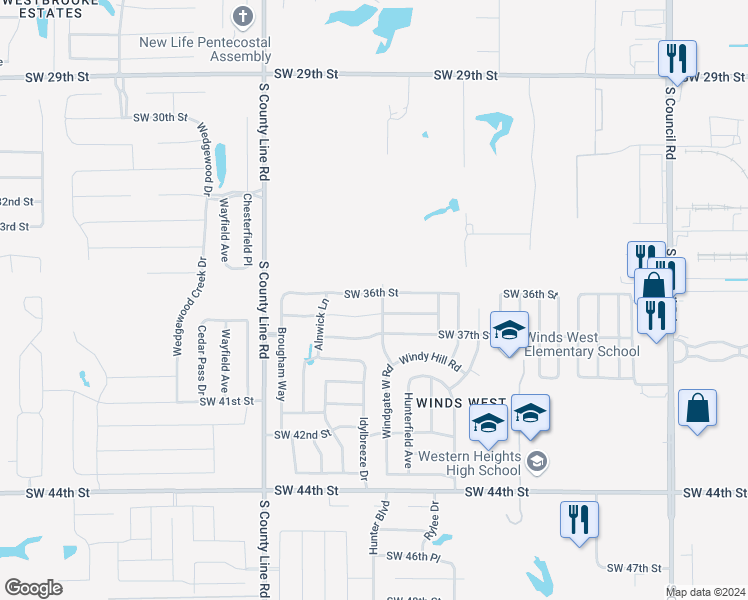 map of restaurants, bars, coffee shops, grocery stores, and more near 8604 Southwest 36th Street in Oklahoma City