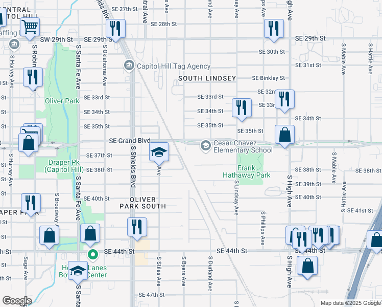 map of restaurants, bars, coffee shops, grocery stores, and more near 500 Southeast Grand Boulevard in Oklahoma City