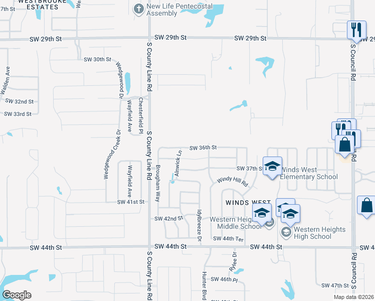 map of restaurants, bars, coffee shops, grocery stores, and more near 8716 Southwest 36th Street in Oklahoma City
