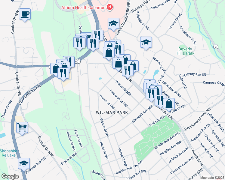 map of restaurants, bars, coffee shops, grocery stores, and more near 716 Propston Street Northwest in Concord