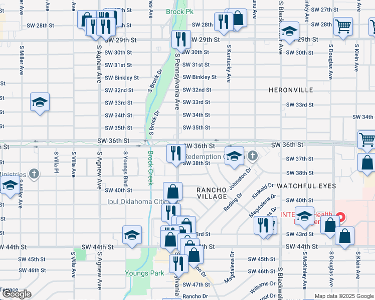 map of restaurants, bars, coffee shops, grocery stores, and more near 1617 Southwest 38th Street in Oklahoma City