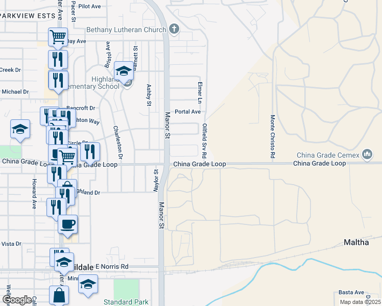map of restaurants, bars, coffee shops, grocery stores, and more near 1009 Monna Avenue in Bakersfield