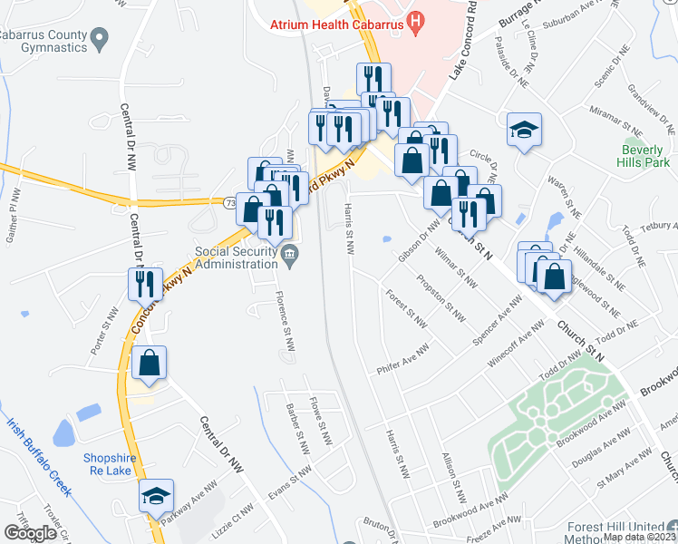 map of restaurants, bars, coffee shops, grocery stores, and more near 761 Harris Street Northwest in Concord