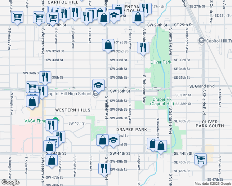 map of restaurants, bars, coffee shops, grocery stores, and more near 327 Southwest 38th Street in Oklahoma City