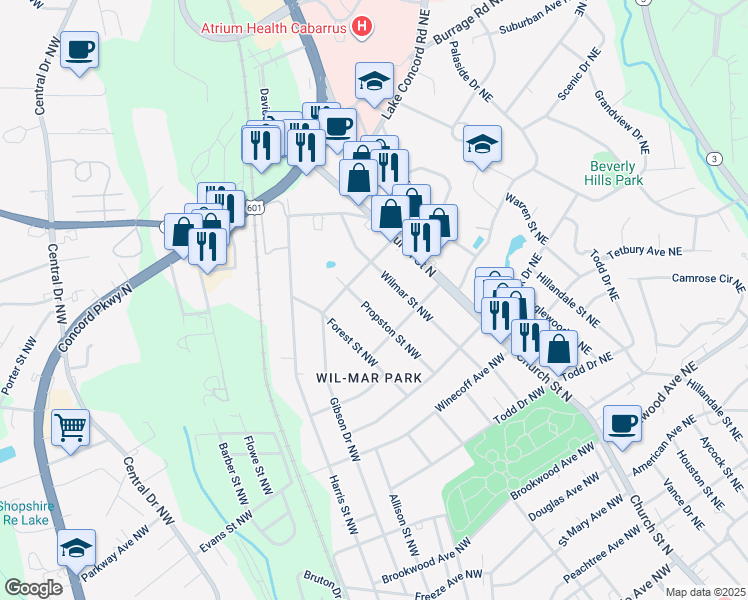 map of restaurants, bars, coffee shops, grocery stores, and more near 716 Propston Street Northwest in Concord