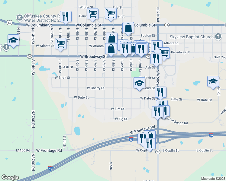 map of restaurants, bars, coffee shops, grocery stores, and more near 425 South 5th Street in Okemah