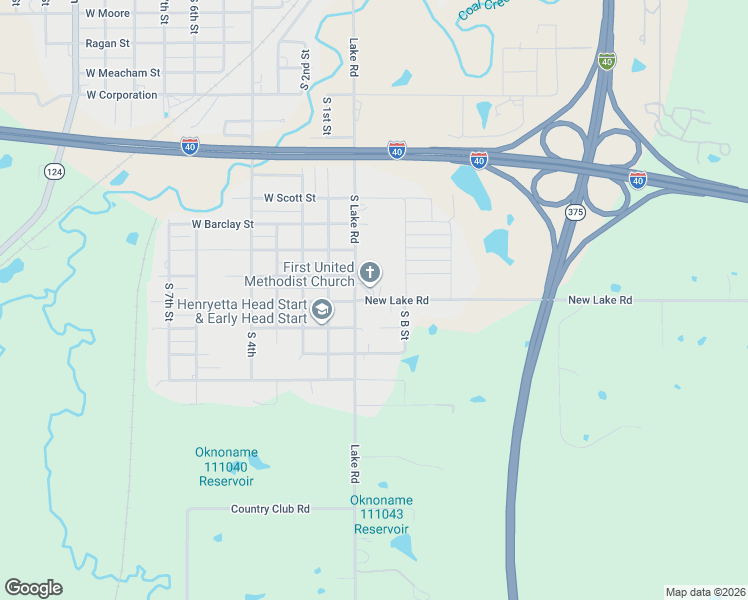 map of restaurants, bars, coffee shops, grocery stores, and more near 205 New Lake Road in Henryetta