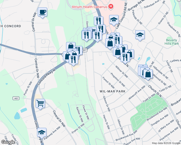map of restaurants, bars, coffee shops, grocery stores, and more near 761 Harris Street Northwest in Concord