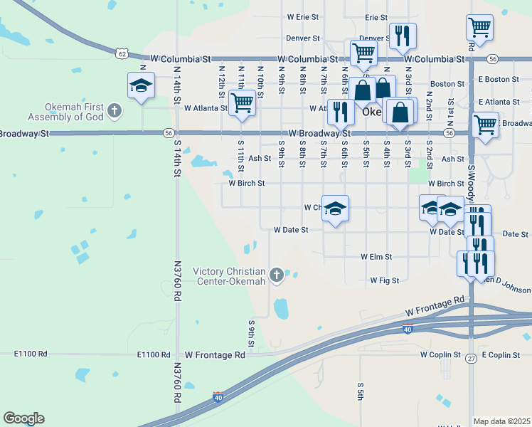 map of restaurants, bars, coffee shops, grocery stores, and more near 910 West Date Street in Okemah