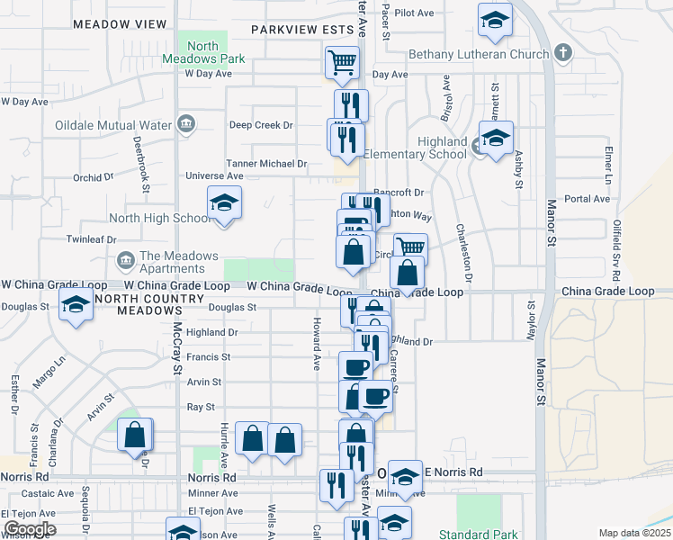 map of restaurants, bars, coffee shops, grocery stores, and more near 2345 North Chester Avenue in Bakersfield