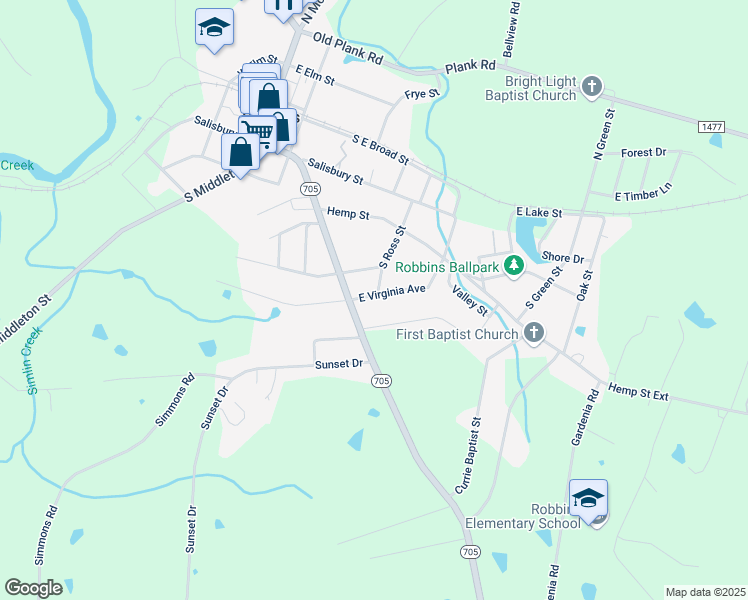 map of restaurants, bars, coffee shops, grocery stores, and more near 470 North Carolina 705 in Robbins