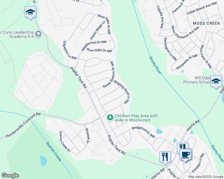 map of restaurants, bars, coffee shops, grocery stores, and more near 1269 Tranquility Point Avenue Northwest in Concord