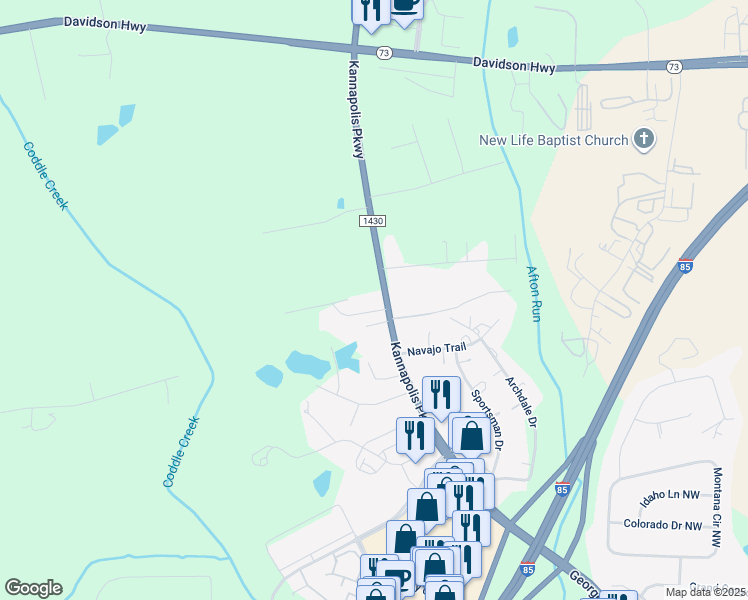 map of restaurants, bars, coffee shops, grocery stores, and more near 923 Kannapolis Parkway in Concord