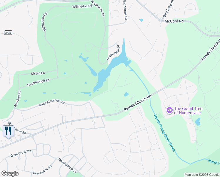 map of restaurants, bars, coffee shops, grocery stores, and more near 13823 Bramborough Road in Huntersville