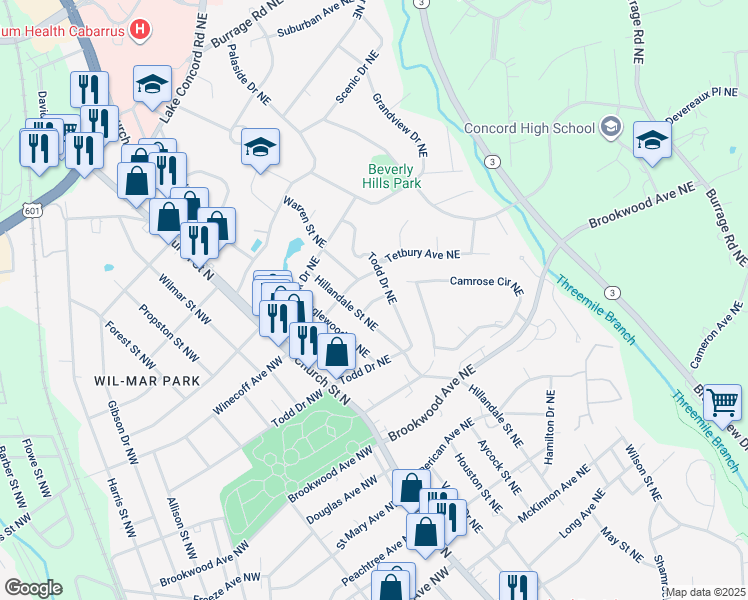 map of restaurants, bars, coffee shops, grocery stores, and more near 96 Milton Avenue Northeast in Concord