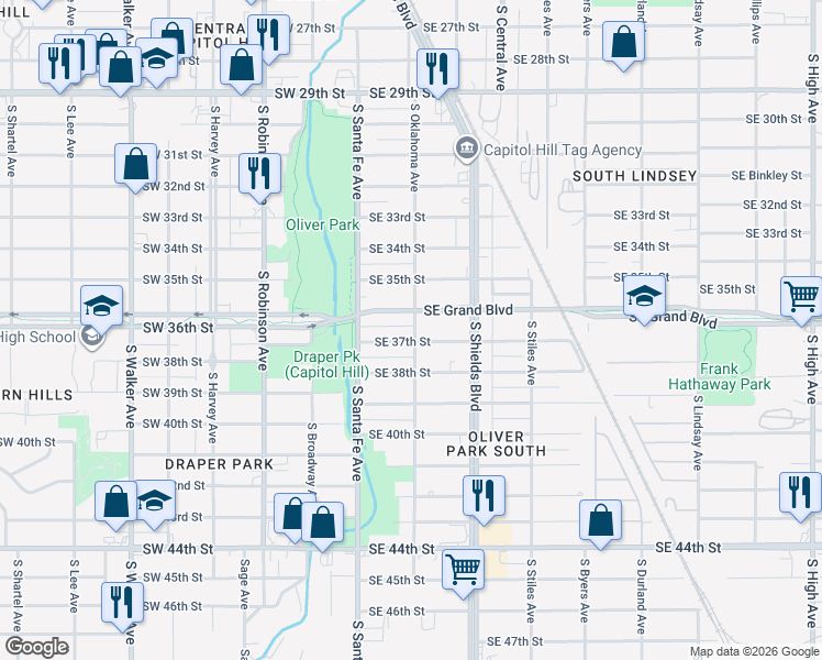 map of restaurants, bars, coffee shops, grocery stores, and more near 3717 South Oklahoma Avenue in Oklahoma City