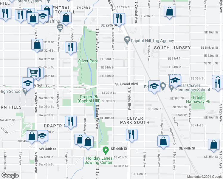 map of restaurants, bars, coffee shops, grocery stores, and more near 44 Southeast 37th Street in Oklahoma City