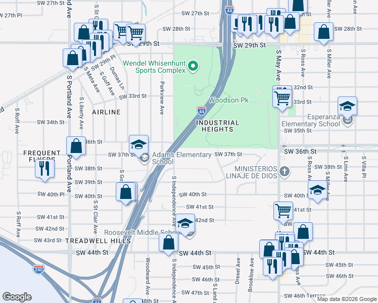 map of restaurants, bars, coffee shops, grocery stores, and more near 3221 Southwest 38th Street in Oklahoma City