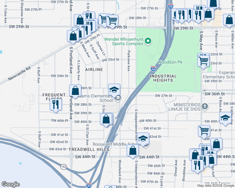 map of restaurants, bars, coffee shops, grocery stores, and more near 3800 Woodward Avenue in Oklahoma City