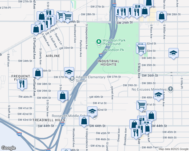 map of restaurants, bars, coffee shops, grocery stores, and more near 3221 Southwest 38th Street in Oklahoma City