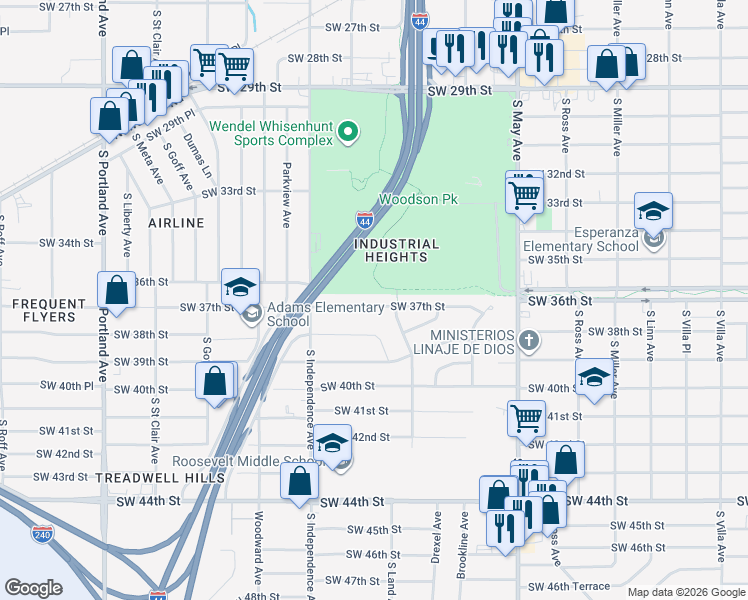 map of restaurants, bars, coffee shops, grocery stores, and more near 3122 Southwest 37th Street in Oklahoma City