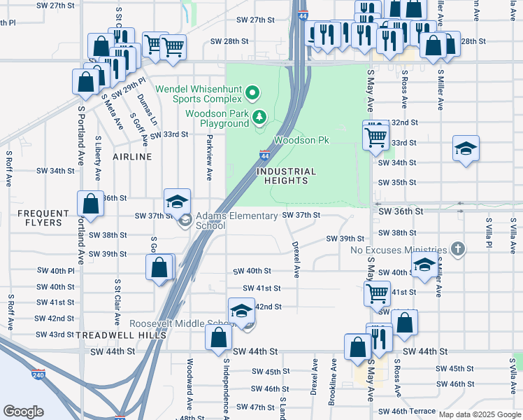 map of restaurants, bars, coffee shops, grocery stores, and more near 3129 Southwest 37th Street in Oklahoma City