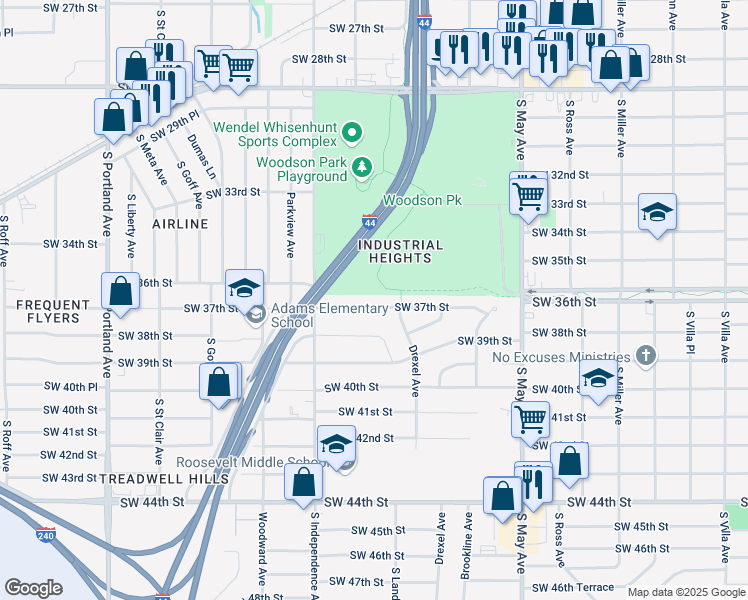 map of restaurants, bars, coffee shops, grocery stores, and more near 3129 Southwest 37th Street in Oklahoma City