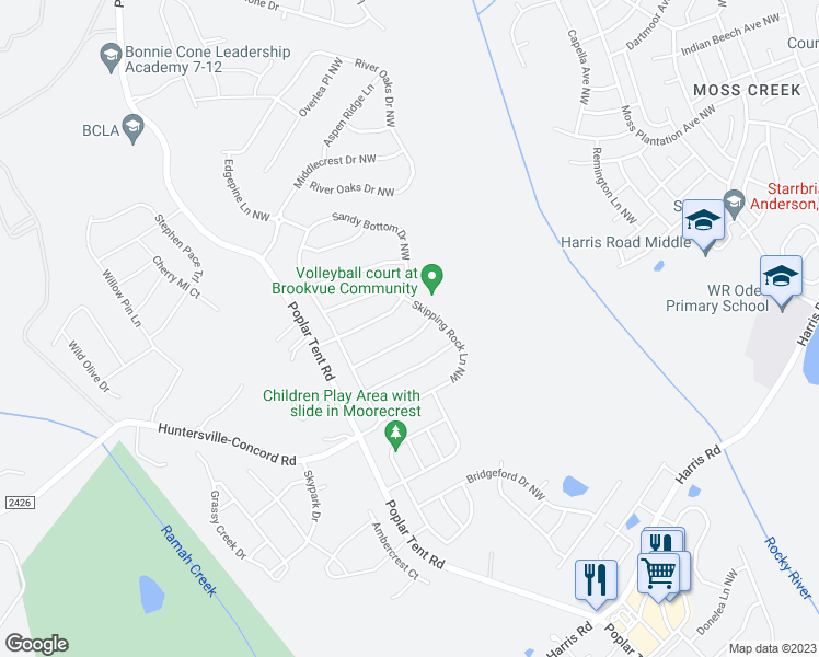 map of restaurants, bars, coffee shops, grocery stores, and more near 1277 Tranquility Point Avenue Northwest in Concord